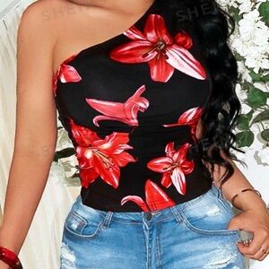 Floral One-Shoulder Top - Black and Red